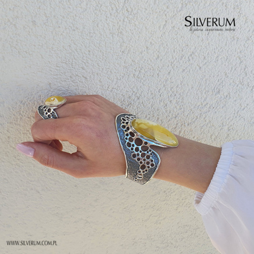komplet biżuterii unikatowej - silverum.com.pl - #Biżuteria, #Artystyczna, #duża, #bransoleta, #bursztyn