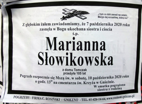 Klepsydra Maria Słowikowska Tomczak zgon lat 105. #klepsydra #zgon #Gniezno