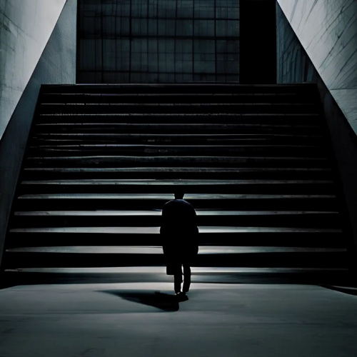 samotny męzczyzna wchodzi po schodach na górę